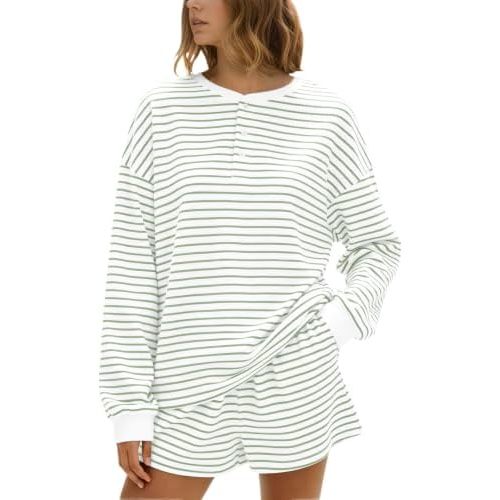 MISSACTIVER Waffle Knit Lounge Sets for Women Long Sleeve Oversized Sweatshirt Elastic Waist Shorts Fall 2 Piece Matching Set