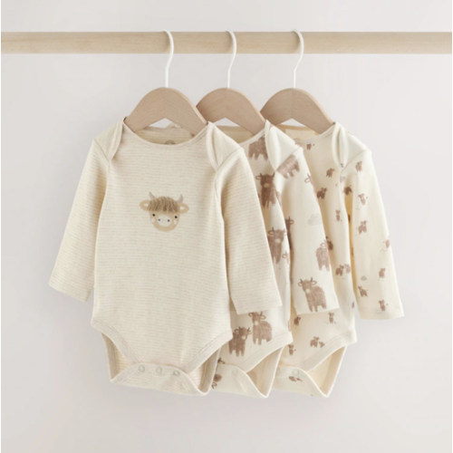 Neutral Hamish Long Sleeve Baby Bodysuits 3 Pack from Next USA