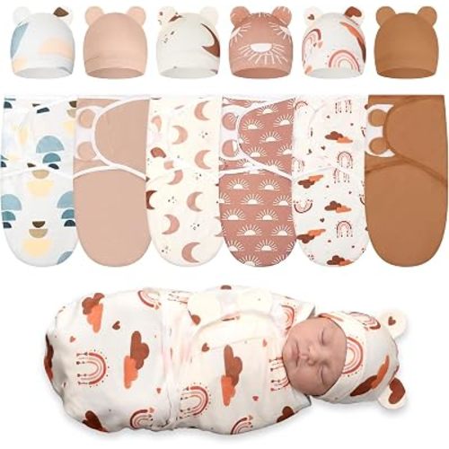 Ramede 6 Pack Preemie Swaddle with Hat, 100% Cotton, Boho, Khaki