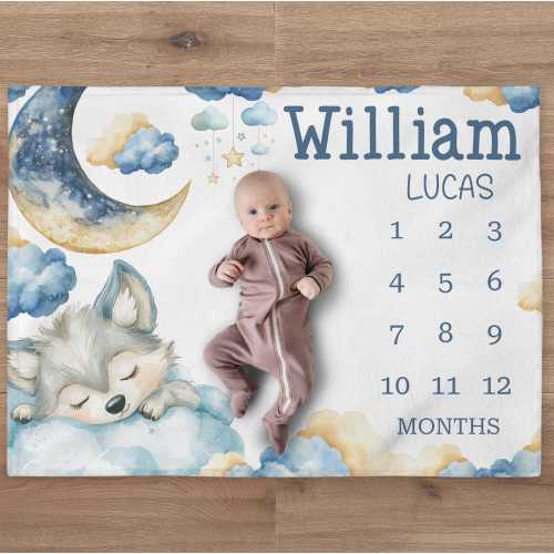 Wolf Milestone Blanket, Personalized Moon Baby Boy Month Blanket, Stars Nursery Custom Newborn Growth Tracker, New Mom Baby Shower Gift