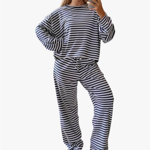MISSACTIVER Women's Striped 2 Piece Lounge Set Casual Long Sleeve T-Shirt Drawstring Wide Leg Pants Matching Pajamas Set