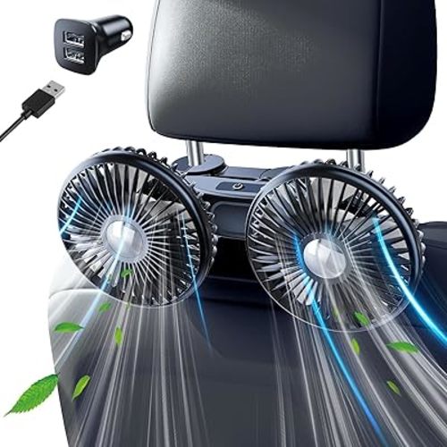 Car Fan for Backseat Kids Adjustable, Dual Cooling USB Fan for Car Seat Baby Rear Facing for Back Seat Headrest SUV Van Pickup RV Vehicle - 3 Speed 360 Rotatable Quiet