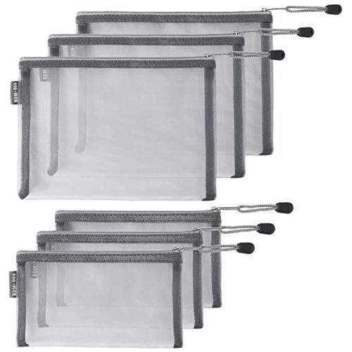 HRX Package Nylon Mesh Cosmetic Bags Zipper Pouches, 6PCS Gray Makeup Pouches Travel Organizer Case for Purse Diaper Bag (A5 x 3pcs, A6 x 3pcs)