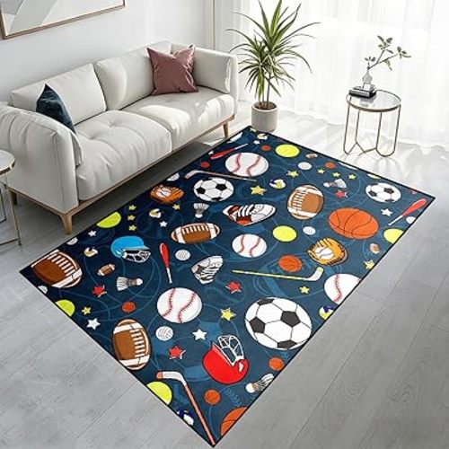Sport Rug for Kids, Basketball Football Soccer Rug 2.5x4 ft, Sports Rugs for Boys Bedroom, Soft Play Floor Carpet