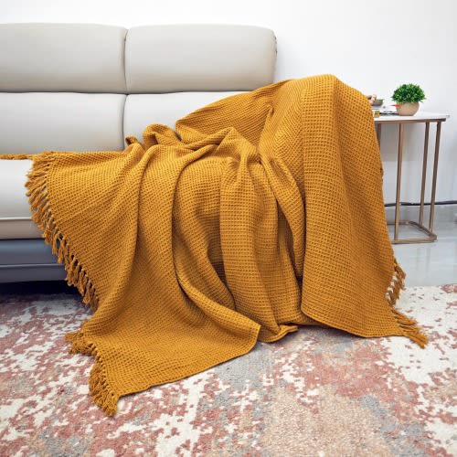 Mustard Yellow Cotton Textured Throw Blanket, Gift For Anniversary, Beach Blanket, Handloom Woven Waffle Picnic Blanket Throws