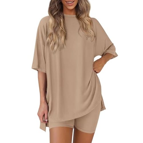 PRETTYGARDEN Women 2 Piece Lounge Set 2026 Summer Casual Oversized Shirts Biker Shorts Matching Airport Travel Outfit Clothes