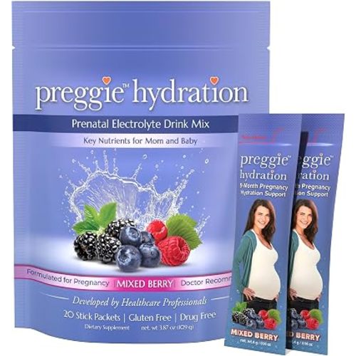 Three Lollies Preggie Hydration Packets for Pregnant Women, Electrolyte Drink Mix with Vitamin B6, Pregnancy Hydration Powder for Moms-to-Be, Mixed Berry Flavor, 20 Single-Serve Packets