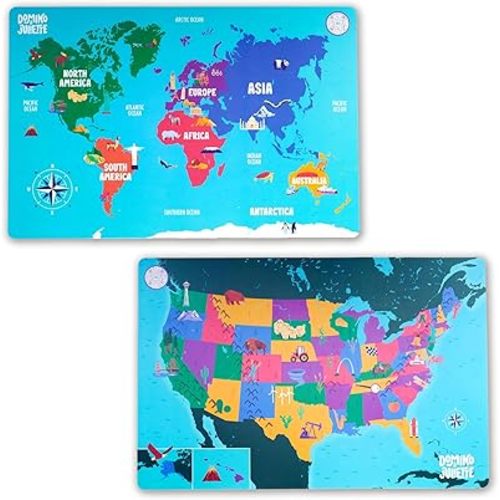 Set of 2 Educational Placemats - US & World Geography Themed Dining Table Mats for Toddlers - 12' x 18' - Double Sided