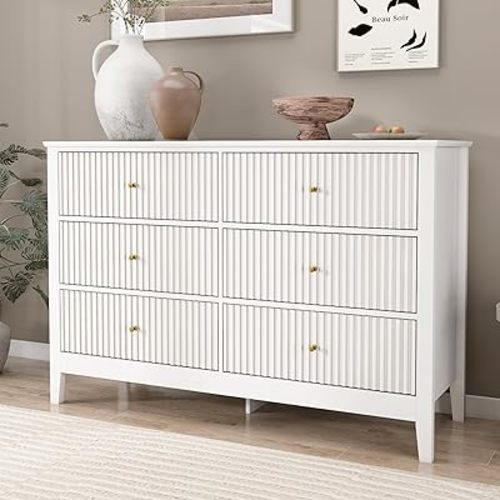 White Dresser for Bedroom, 6 Drawers Fluted Chest of Drawers with Storage, Modern Wide Storage Dresser with Paint Design, Wood Drawer Organizer White Dressers for Hallway, Entryway