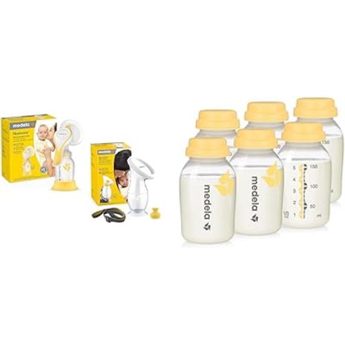 Medela Manual Breast Pump Set - Perfect Pair Bundle, Includes Harmony Manual Breast Pump & Breast Milk Collection and Storage Bottles, 6 Pack, 5 Ounce Breastmilk Container