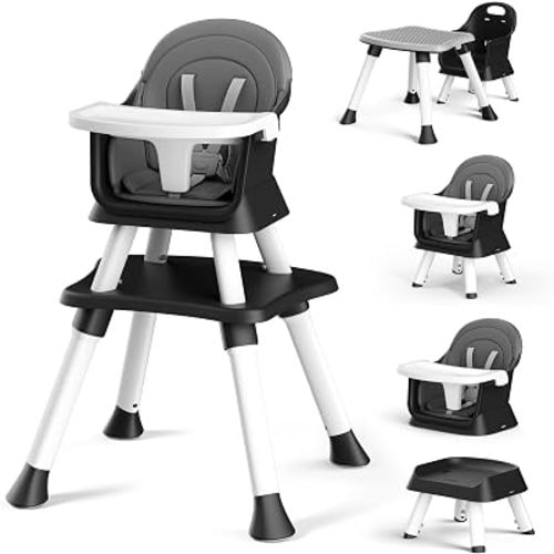Kinder King 8 in 1 Baby High Chair, Coverts to Dining Booster Seat/Kids Table & Chair Set/Toddler Building Block Table/Kids Stool, Removable Tray & Double Seat Cover, Easy to Wipe, Grey & Black