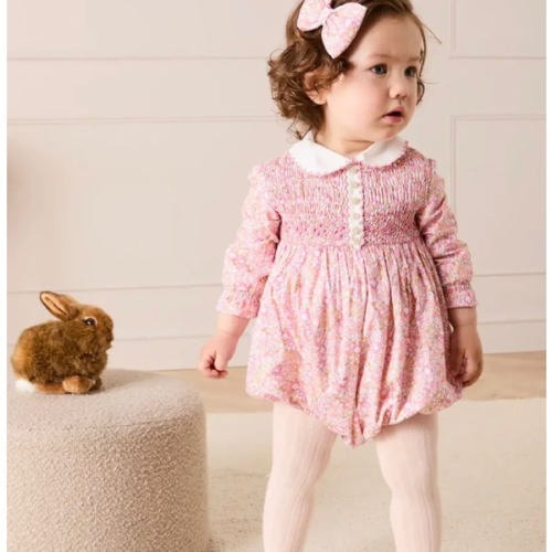 Nellie Floral Hand Smocked Long Sleeve Romper in Pink | Pepa London