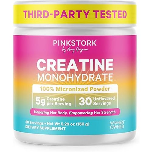 Pink Stork Creatine Monohydrate for Women | Micronized Creatine Powder | 5 g Unflavored | Supports Muscle Health, Energy, Cognitive Function | Clean Alternative to Pills or Gummies | 30 Servings