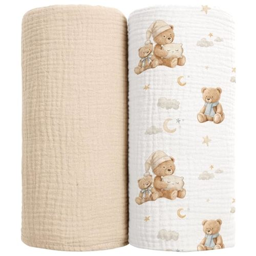 lulumoon Muslin Swaddle Blankets for Baby: Soft Cotton Newborn Receiving Blankets - Plaid Print Nursery Gift Set for Baby Girls(Bear)