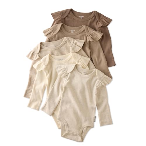 Butterblu Ashley 5-Pack Long Sleeve Ruffle Shoulder Bodysuits 100% Cotton | GOTS certified Organic Cotton for Baby and Toddler Girls, Soft, Easy Snap On Closure, Machine Washable