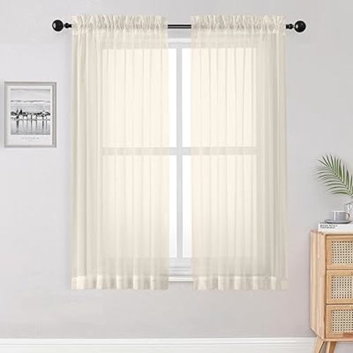 OWENIE Sheer Curtains 63 inch Length 2 Panels Set, Rod Pocket Voile Fimly Sheer Drapes for Living Room/Bedroom, 2pcs, Each 42" W x 63" L, Cream