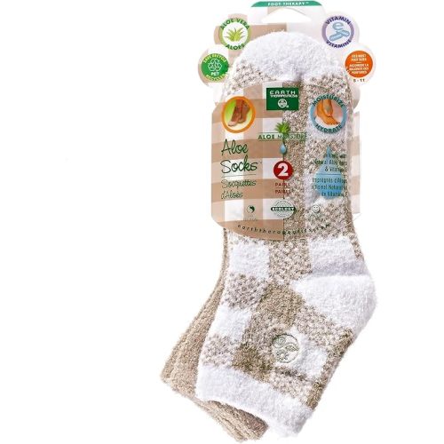 Earth Therapeutics Aloe Vera Socks – Infused with Natural Aloe Vera & Vitamin E – Helps Dry Feet, Cracked Heels, Calluses, Dead Skin – Use with Your Favorite Lotions – Tan Plaid (2 Pairs)