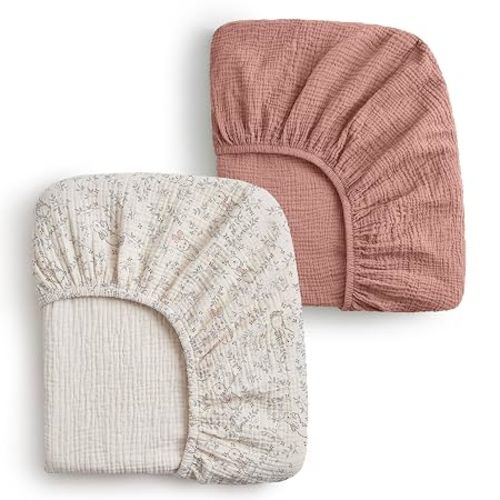 Blissful Diary Muslin Bassinet Sheets for Baby Girls, Boho Soft Cotton Fitted for Oval Hourglass Rectangle Mattress, 2 Pack(Blush Bunny Floral & Dusty Pink)