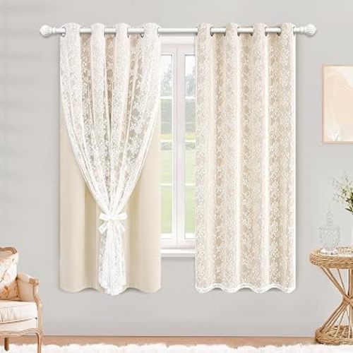 Yinhua Blackout Curtains for Bedroom Double Layer Beige Curtains for Living Room 54 Inch Length 2 Panels Set Kid Curtain with Floral Sheer Overlay, Grommet Drapes with Tiebacks, 52" W x 63" L