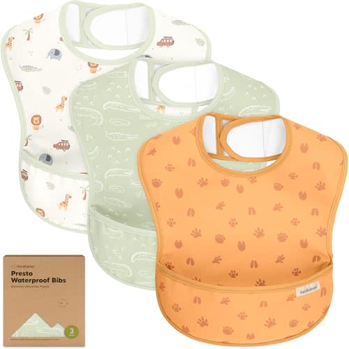 3-Pack Waterproof Baby Bibs for Eating - Lightweight Toddler Feeding Bibs with Large Food Catcher, Mess Proof, Food-Grade Baby Eating Essentials, Easy to Put On & Clean (Wilderness)