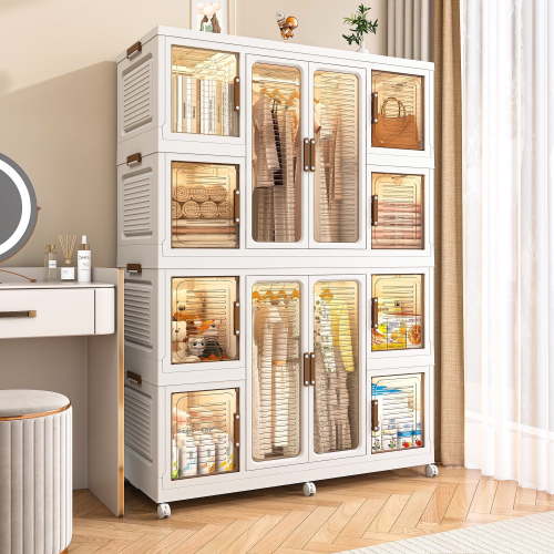 Holaki Portable Wardrobe Closet Storage Organizer, Kids Wardrobe Closet with Wheels, Collapsible Plastic Baby Wardrobe Storage Cabinet, 12 Magnetic Doors, 12 Cubes & 2 Hanging Rods with 16 Hangers