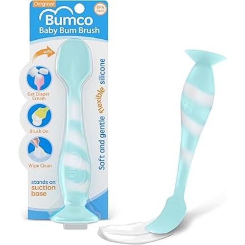 Bumco Baby Bum Brush - BPA-Free Diaper Cream Spatula with Suction Cup Base, Soft & Flexible Silicone, Wipe-Clean, Mom-Invented Diaper Bag Essentials (Aqua Swirl)