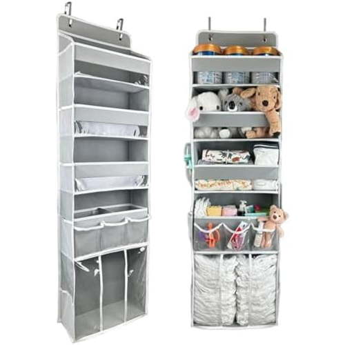 Door Hanging Storage Organizer,with 3 Bins 1 Movable Baby DiaperCaddy,1 Large capacity diaper stacking storage Organizer,10 Side Pockets ,Bedroom Door Storage for Nursery Baby Essentials.Grey 1 Pack.