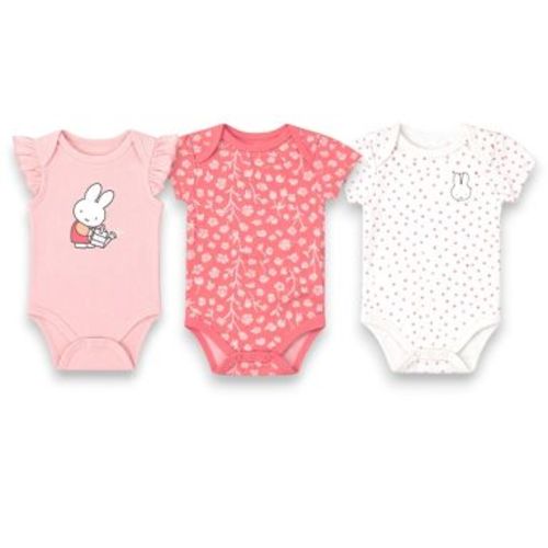 Miffy Baby Girls' 3-Pack Short Sleeve Soft Cotton Blend Bodysuit Set, Pink Floral/White Dots, Newborn