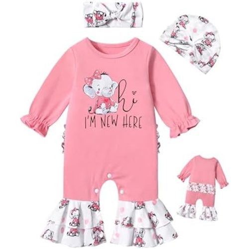 KANGKANG Newborn Girl Clothes Onesie for Baby Girl Ruffle Romper Boho Infant Bell Bottom Jumpsuit with Headband Hat