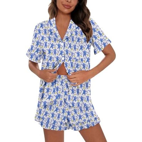 SWOMOG Woman Pajama Set Short Sleeve Pjs Set 2Pcs Short Pajamas Button Down Ruffle Hem Sleepwear Soft Modal Loungewear