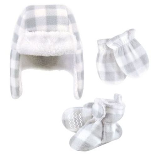 Hudson Baby Infant Baby Trapper Hat, Mitten and Bootie Set, Gray White Plaid, 6-12 Months