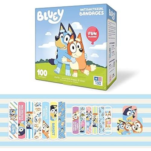 Bluey Kids Bandages, 3 Assorted Sizes 100 CT | Wear Like Stickers, Flexible Adhesive Bandages for Minor Cuts, Scrapes, and Burns. Great Gift idea and Stocking Stuffer