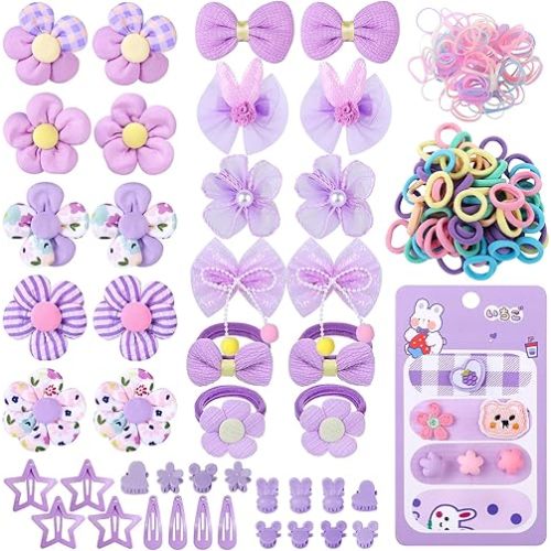 400 Pcs Baby Girls Hair Accessories Set,Baby Girls Hair Ties,Flower Bows Rubber Bands,Soft Elastic Hair Bands,Claw Clip(Purple)