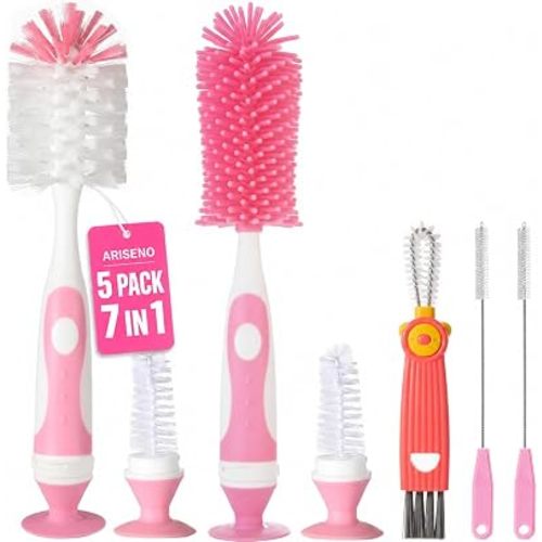 Ariseno 7-in-1 Baby Bottle Brush Set, Nylon & Silicone Bottle Brush - Pink
