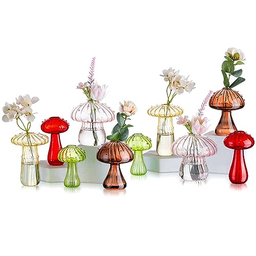 Glasseam Mushroom Propagation Vase, Colored Flower Vases Decorative Set of 10, Unique Small Glass Vases for Flowers,Aesthetic Mini Cute Vase Decor, Hydroponic Bud Vase for Bedroom Bathroom Kitchen