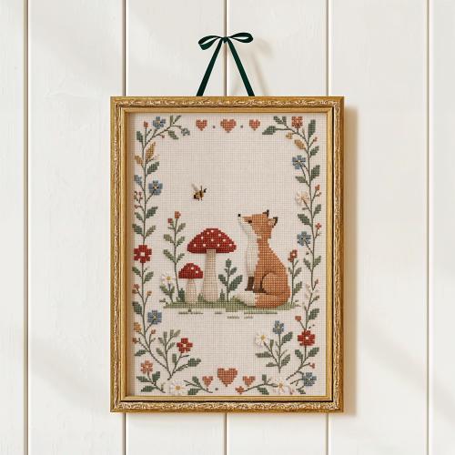 Fox Mushroom Cross Stitch Print | Folk Woodland Nursery Art (Unframed)
