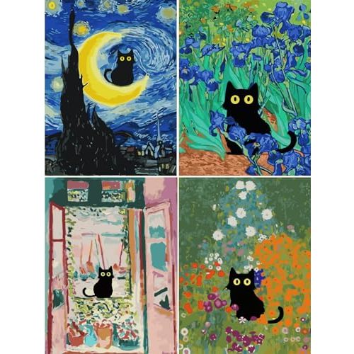 ARPADAMO Paint by Number Kits for Adults Beginners, Press Digital Easy Acrylic Black Cat 4 Pieces Paint, DIY Watercolor Paint Press Digital Kit on Canvas Home Wall Decoration Without Frame 1216 inch