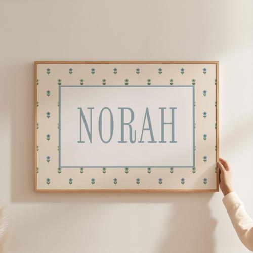 Personalized Soft Blue Floral Nursery Wall Art Custom Baby Name Sign Vintage Girl Nursery Neutral Blue Cottagecore Baby Room Decor FLR4-A1
