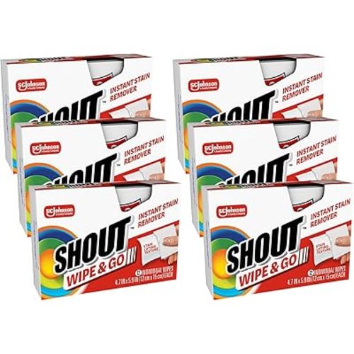 Shout Wipe & Go Instant Stain Remover Wipes, No Wash Required, Safe on Colorfast Washables, Travel & Baby Diaper Bag Essentials, Removes Grass, Coffee, Makeup & More, 12 Wipes (Pack of 6)