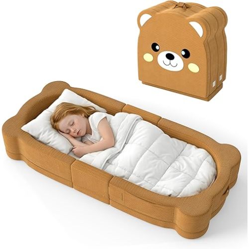 Toddler Travel Bed, Portable Foldable Soft Foam Floor Bed for Toddlers 1–6, Toddler Cots with Washable Cover and Safety Rails, No Assembly, 2-in-1 Kids Travel Floor Crib for Home,Travel & Camping