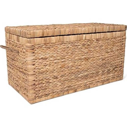 ClickDecor Storage Trunk, Farmhouse Style, Extra Large (33”), Deep, Woven Wicker Chest With Metal Frame, 2 Handles, Flip Top Lid and Stay Open Safety Hinges, Sustainable Eco Material, Natural Wicker