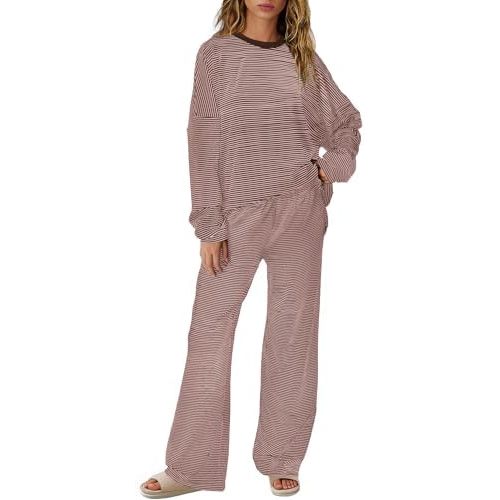 SENSERISE Womens Striped Lounge Set 2 Piece Outfits Fall Matching Pajama Sets Long Sleeve Striped Shirt Wide Leg Pants