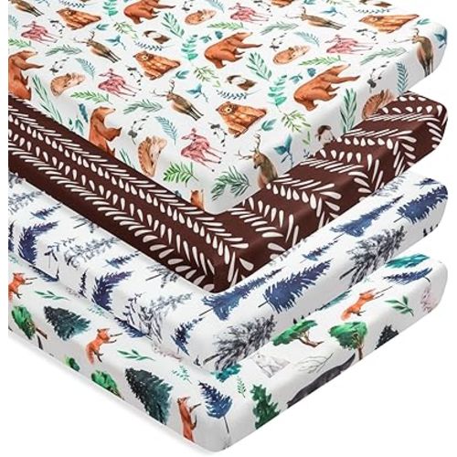 REZIPO 4 Pack N Play Sheets Woodland Forest Animals Wood Tree Neutral Unisex Fitted Baby N Play Sheets Set for Standard Pack and Plays and Mini Cribs for Baby Boys or Girls