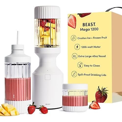 Beast Mega 1200 Plus | Premium Countertop Blender | Smoothies, Shakes, Sauces, Dips, Soups | Blends Ice and Frozen Fruit | XL Vessel | With Extra Vessels, Straw System | 1200W | (Cloud White, 120V)
