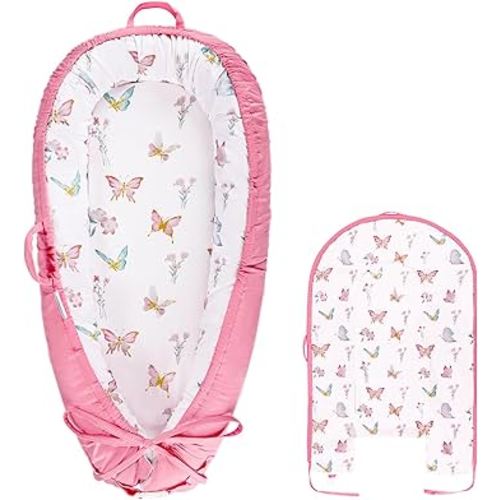 Baby Lounger Cover, Cotton Newborn Nest Cover, Baby Lounger Replacement Covers, Soft & Breathable, Reversible & Adjustable, Pink Butterfly(Cover Only)