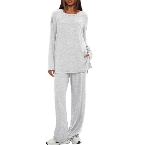 Darong Women's 2 Piece Lounge Set Casual Long Sleeve Crew Neck Tops Wide Leg Pants Travel Airport Outfit Matching Sets