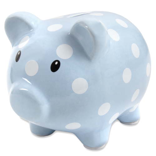 Baby Essentials My First Piggy Bank for Newborns, Infants and Toddlers in Blue & White Polka Dots