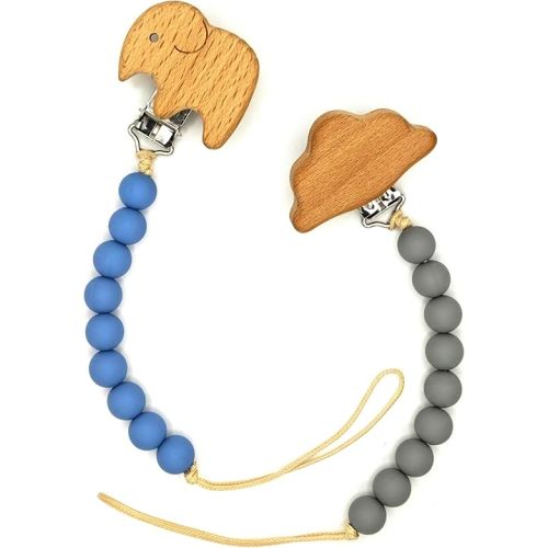 Wood Paci Clips 2 Pack for Baby Boy, Premium Flexible Bead Design, Universal Fit, Safe Pacifier Holder