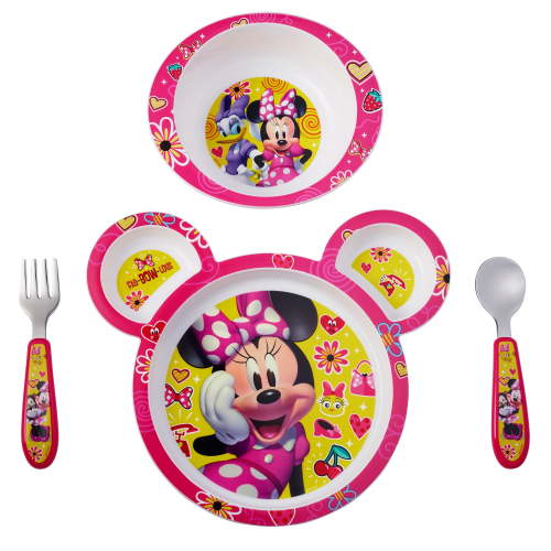 Disney Minnie Mouse Feeding Set, Minnie Mouse Plate, Bowl, Knife & Fork Set, 4 Pieces