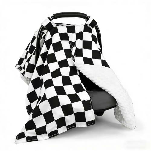 Ultra-soft and breathable baby car seat cover, baby seat cover with peephole, nursing cover, car seat sunshade, black and white checkered pattern. Suitable for all seasons.